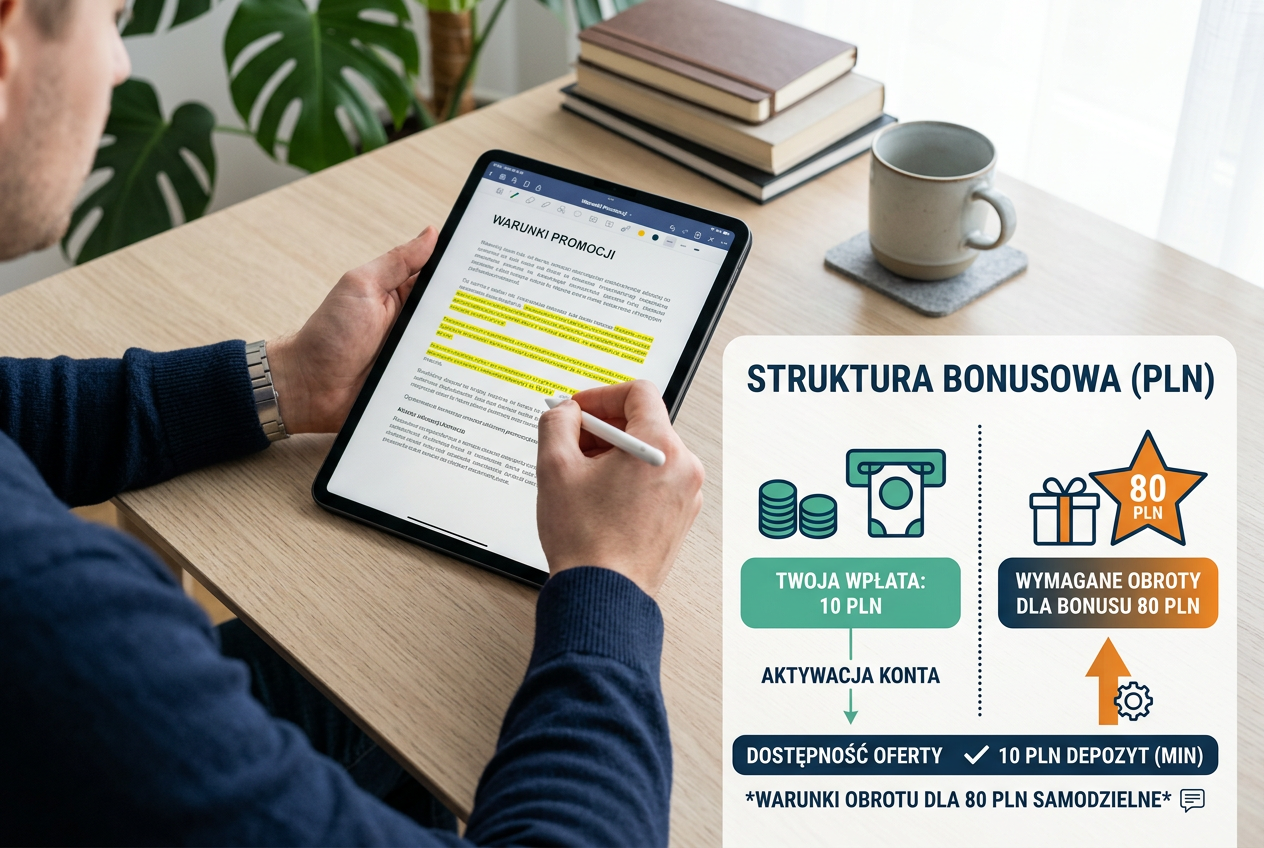 Gracz analizujący regulamin bonusu w kasynie