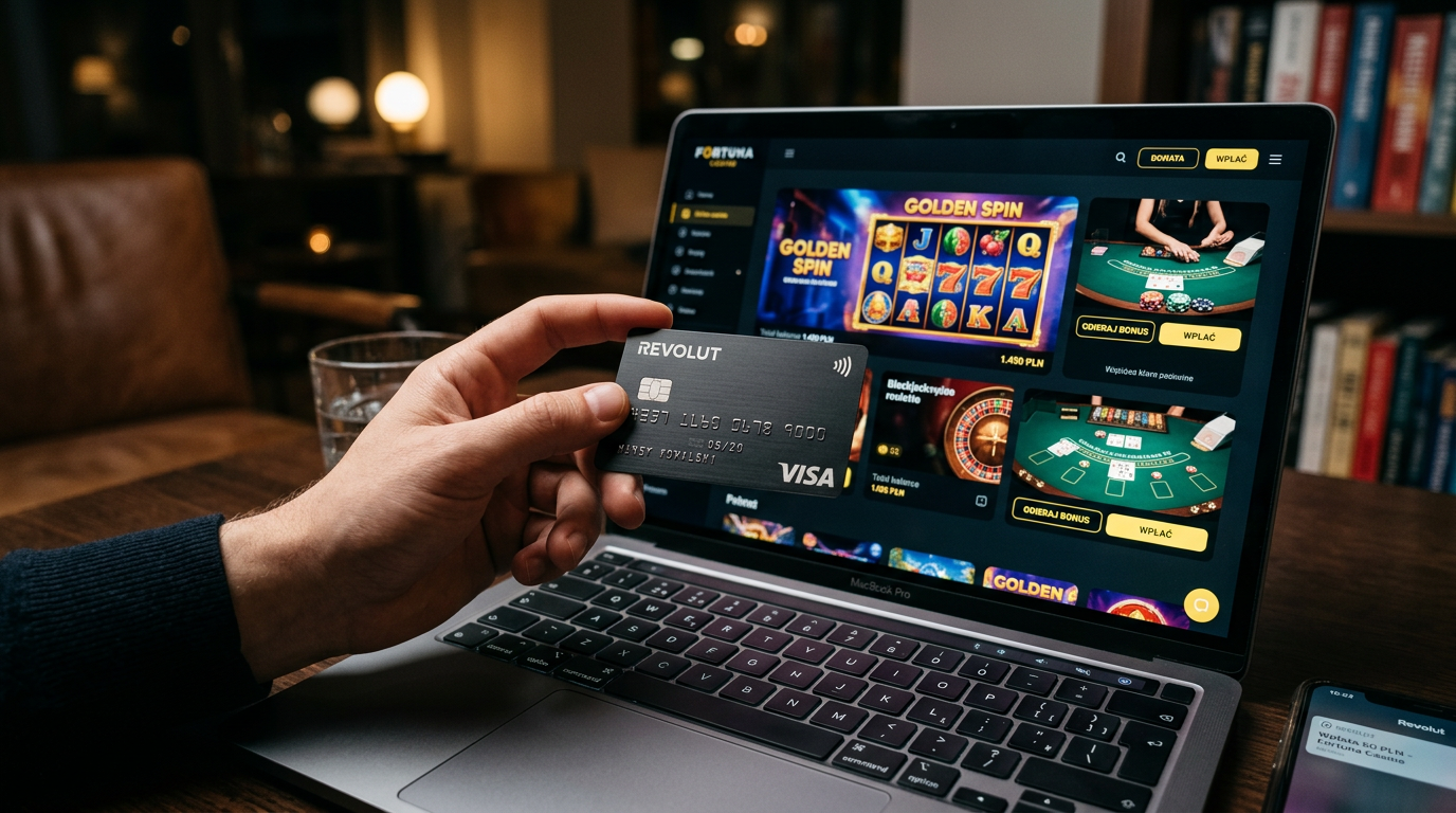 Karta Revolut Metal przed ekranem z grami kasynowymi online