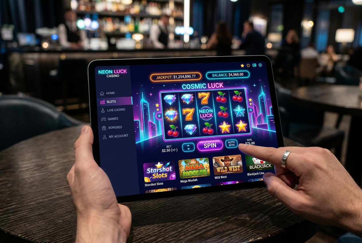 Nowoczesny interfejs kasyna online na tablecie z grafikami slotów