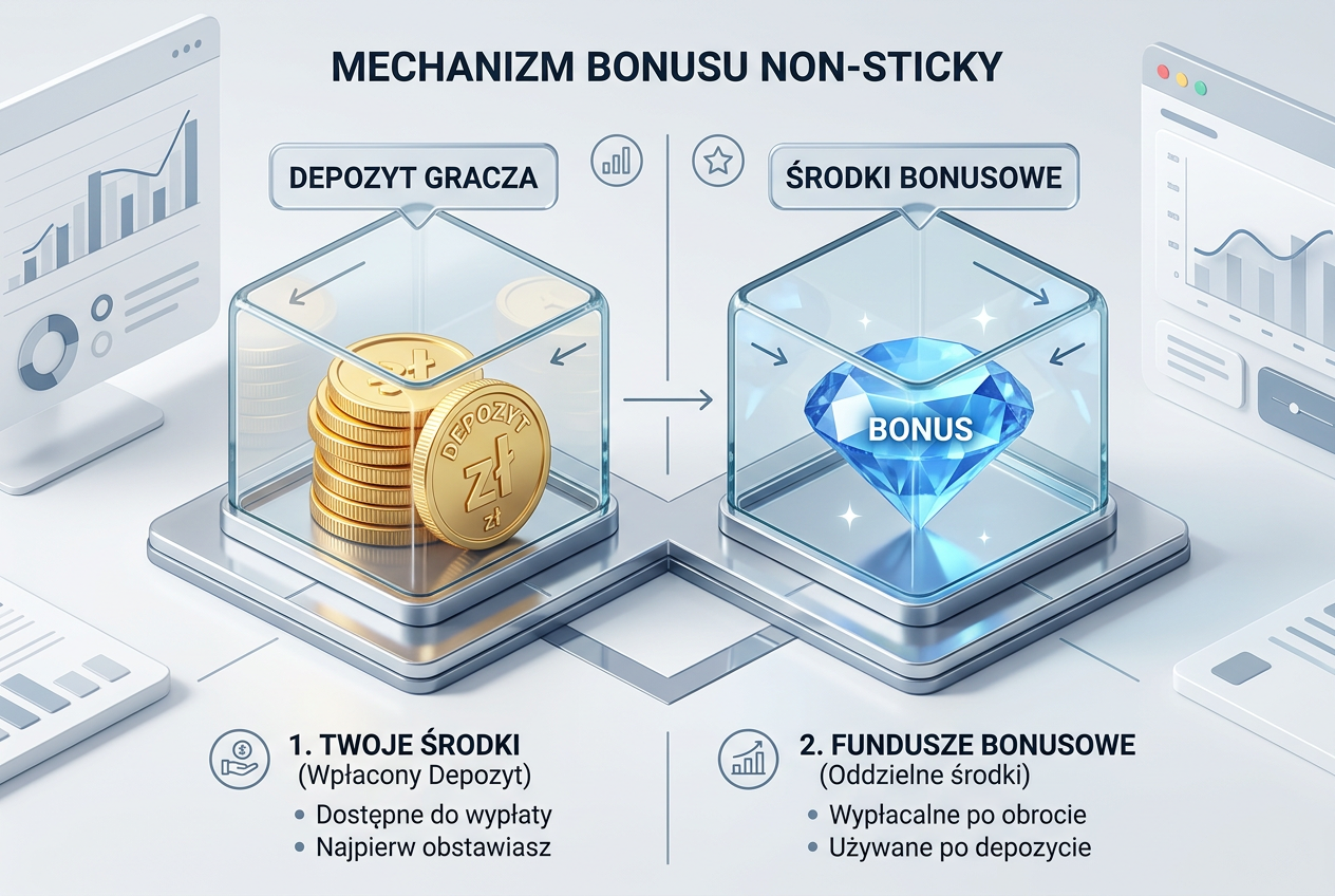 Infografika wyjaśniająca mechanikę bonusu non-sticky w porównaniu do bonusu sticky